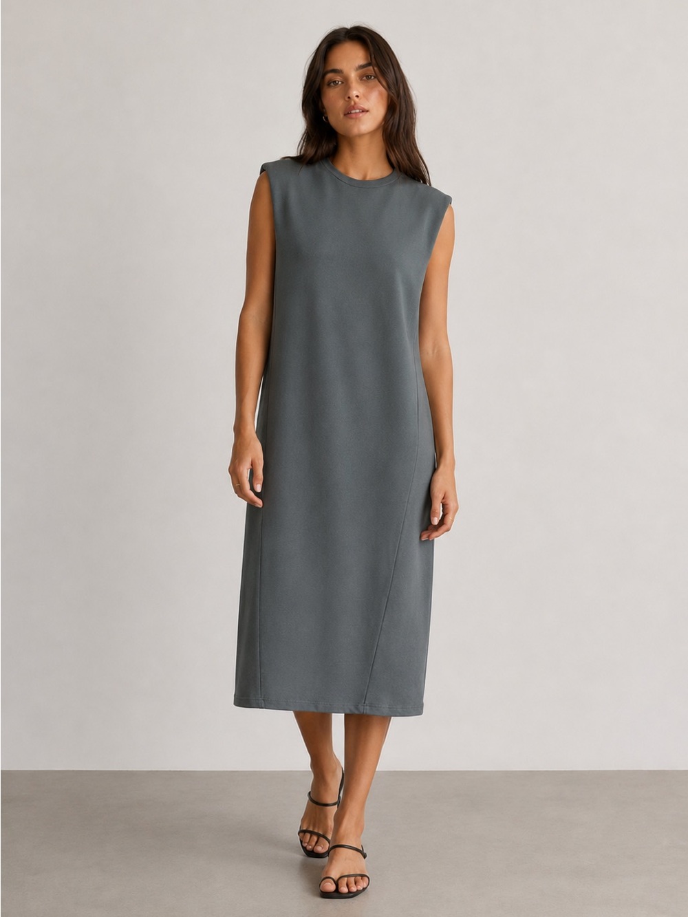 Zara Sleeveless Crewneck Midi Dress in Dark Gray washed effect